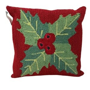 Surya Throw Pillow 18x18 Red Holly Berry Hand Hooked Christmas WIT005-1818P